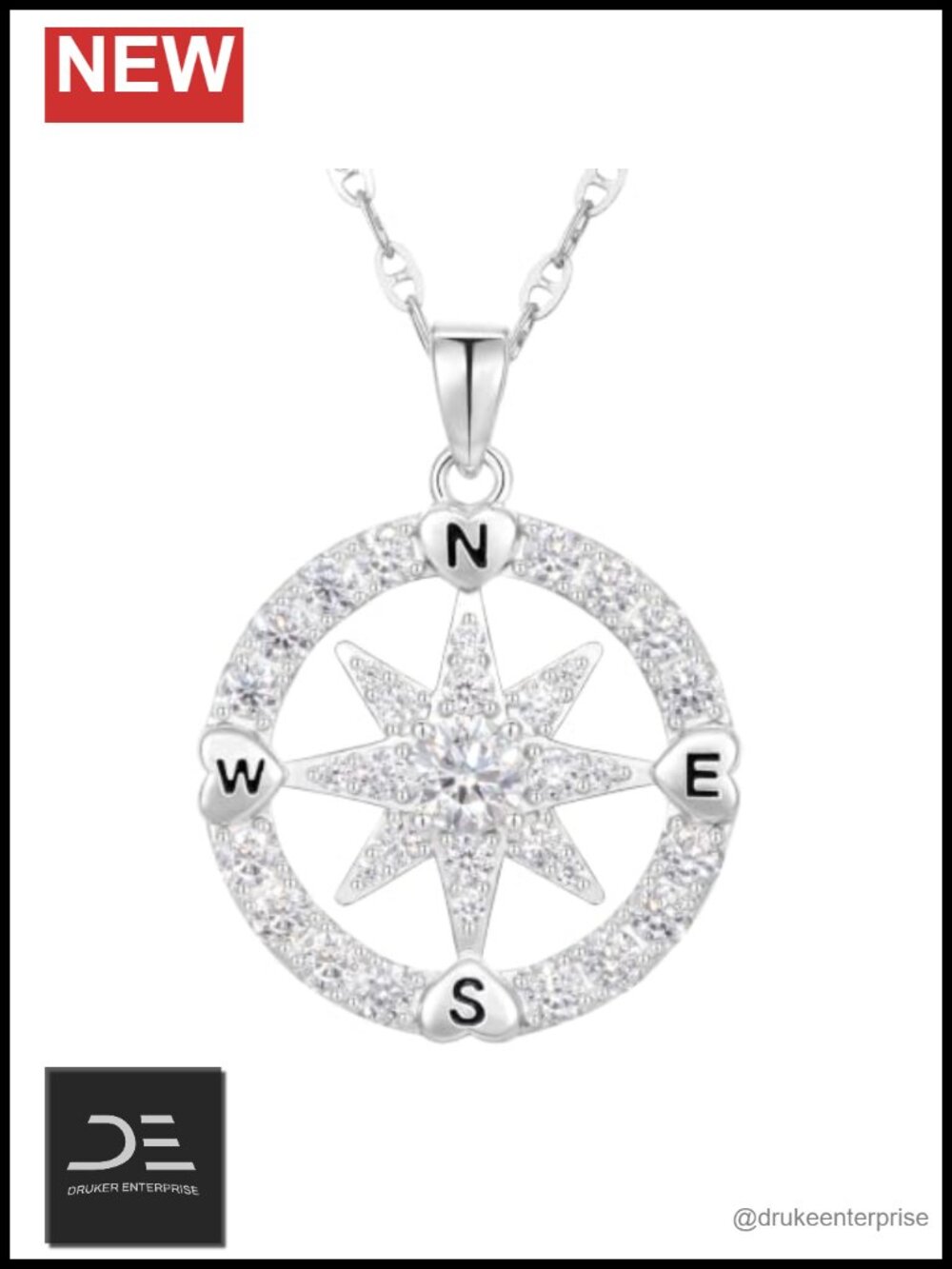 Sterling Silver Moissanite Compass Pendant Necklace Women Gift
